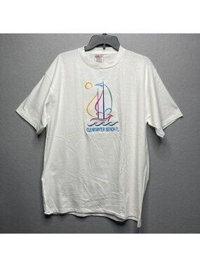 Vintage Clearwater Beach FL Sailboat Embroidered White Oneita Single Stitch L